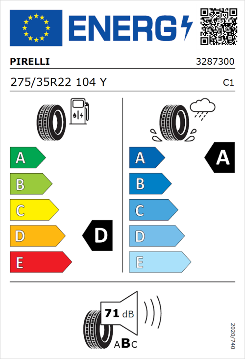 Tyre Label for Pirelli P Zero 275/35R22 104Y