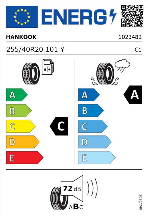 Tyre Label for Hankook Ventus S1 Evo2 (K117A) 255/40R20 101Y