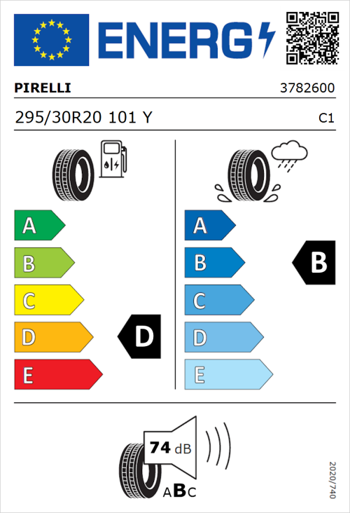 Tyre Label for Pirelli P Zero 295/30R20 101Y