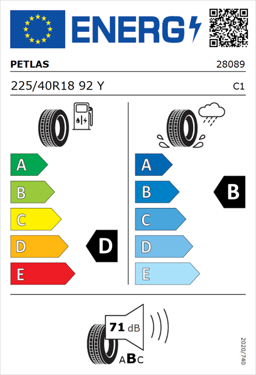 Tyre Label for Petlas Velox Sport PT741 225/40R18 92Y