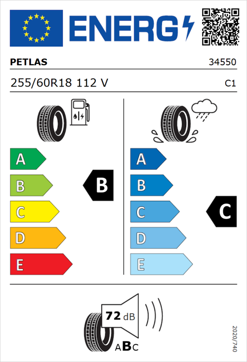 Tyre Label for Petlas Explero PT431 H/T 255/60R18 112V