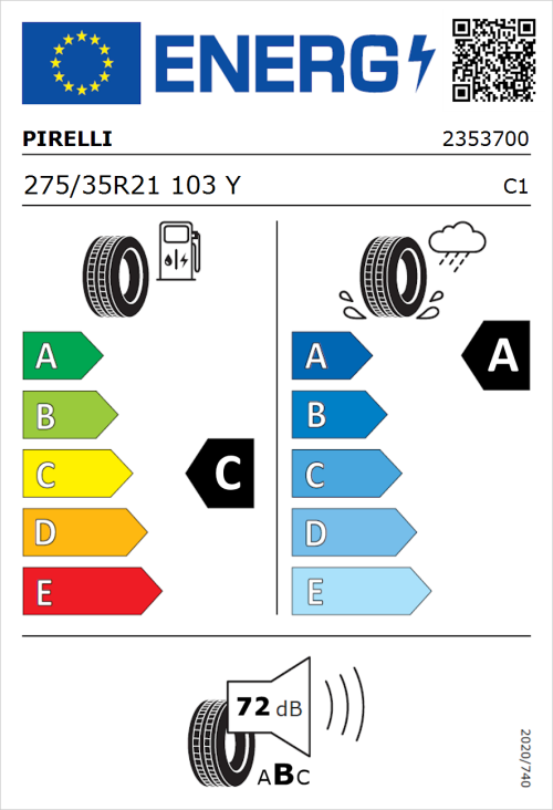 Tyre Label for Pirelli P Zero 275/35R21 103Y